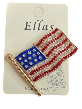 Ella American Flag Rhinestone Brooch – Patriotic Gold -Tone Enamel USA Flag Pin